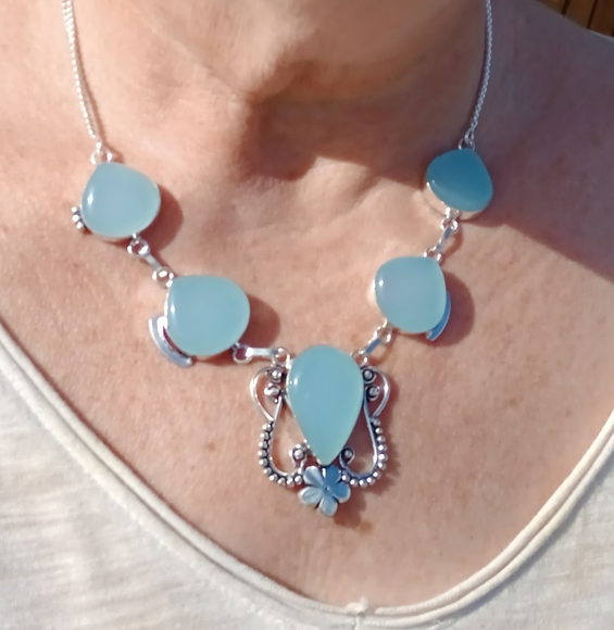 New Blue Chalcedony 925 Silver Necklace. - Picture 7 of 16